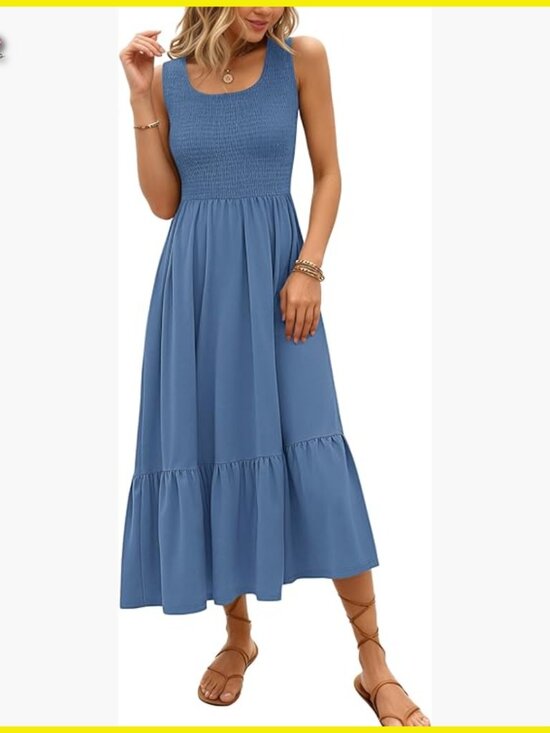 Dresses & Skirts - Sleeveless Maxi Dress Smocked Empire Waist Tiered Summer Sundress with Pockets